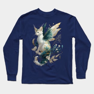 Majestic Cat Dragon Fairy Art - White and Teal with Gold Accents Long Sleeve T-Shirt